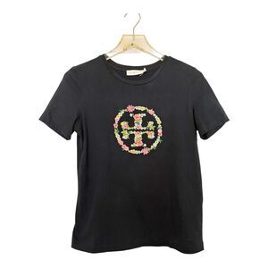 Tory Burch Kimble 3D Flower Applique Beaded Black T Shirt Sz S